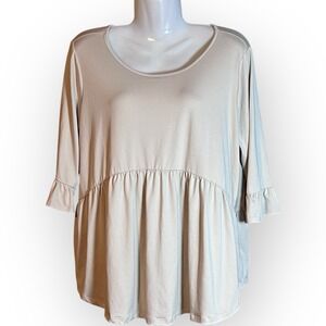 Women's XL Neutral Beige Short Sleeve Scoop Neck Baby Doll Peasant Tunic Peasant